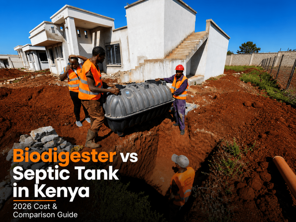 Workers installing a BioTank biodigester system at a residential property in Kenya.
