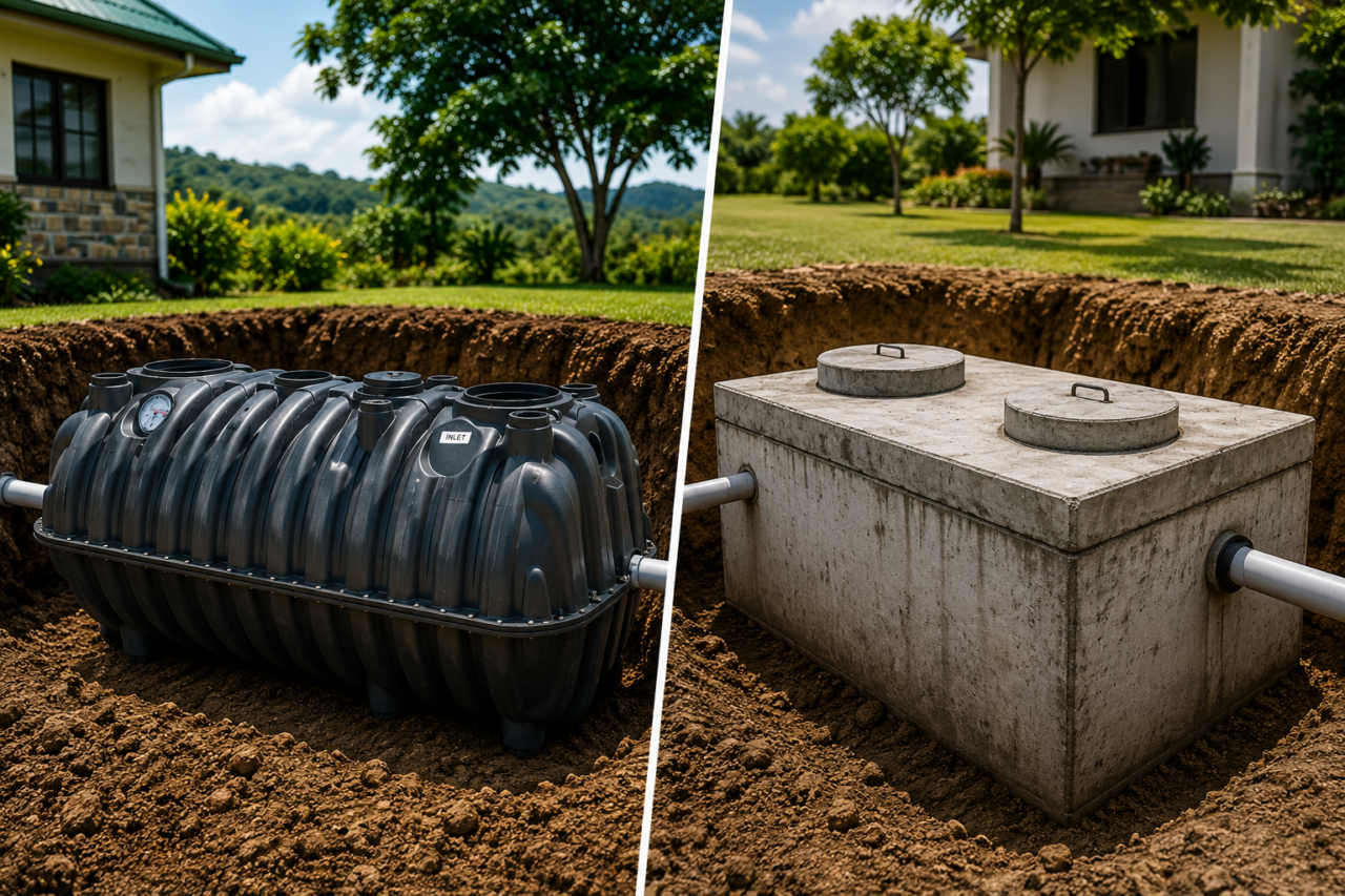 Side-by-side comparison of a Biotank biodigester and a traditional concrete septic tank installed underground at residential homes in Kenya.