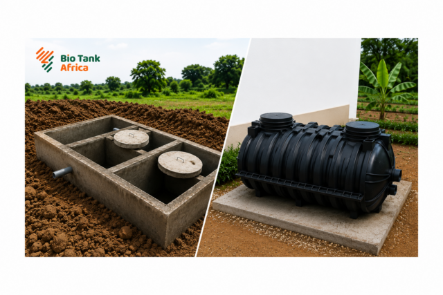 Concrete biodigester under construction compared with a ready-made plastic Biotank by Bio Tank Africa in Kenya.