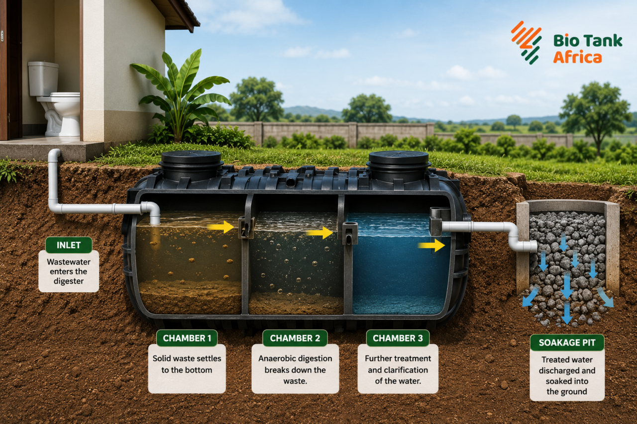 How does a biodigester septic tank work? Cross-section diagram showing a Bio Tank Africa three-chamber biodigester treating wastewater from a home through to a soakage pit.