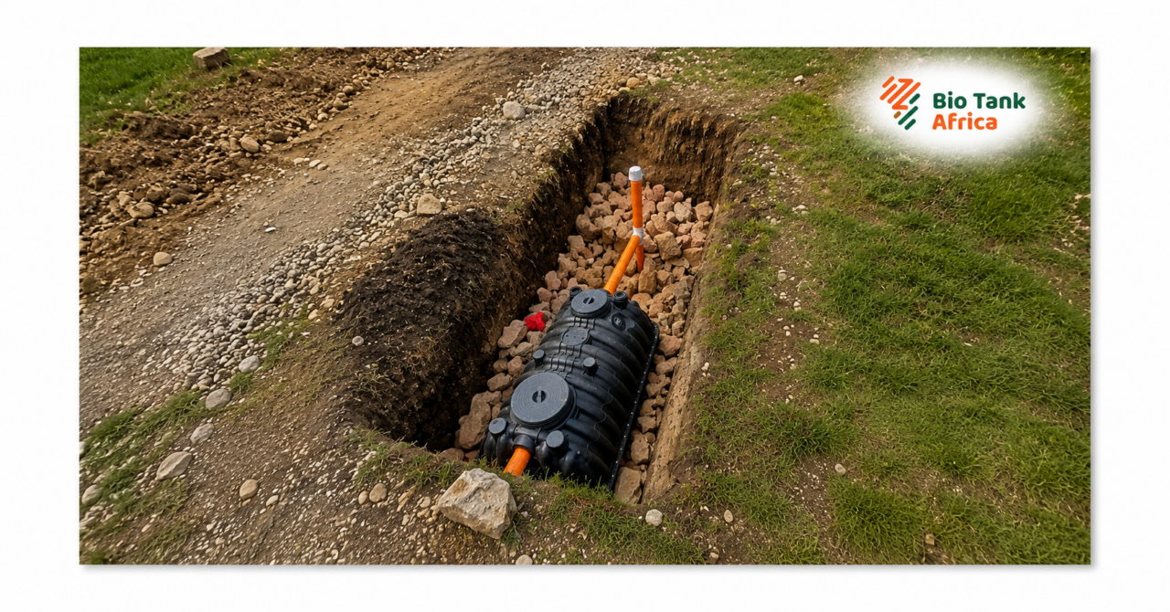 Biodigester installation services in Nairobi Metropolitan showing a Bio Tank Africa plastic biodigester being installed in a prepared trench with stone bedding and PVC inlet pipes.