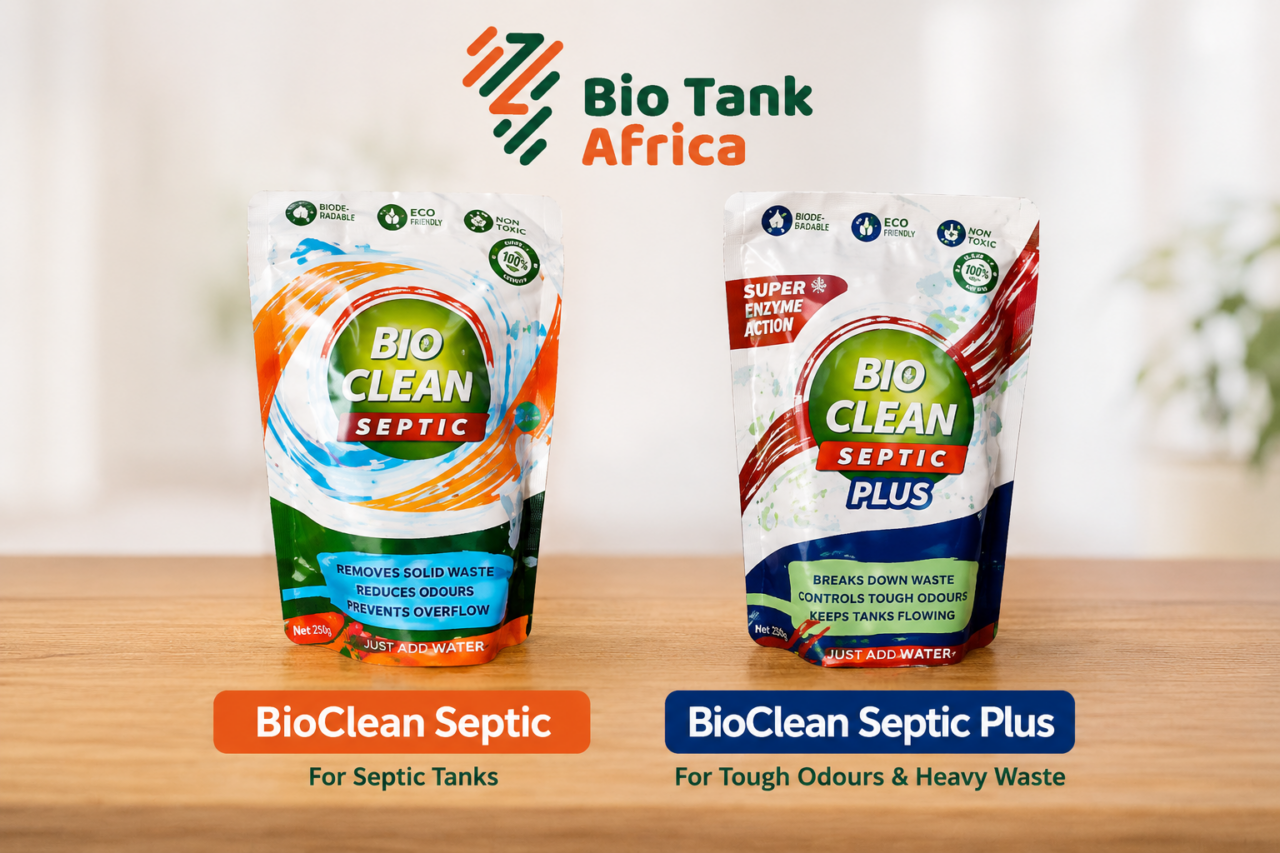 Side-by-side image of BioClean Septic and BioClean Septic Plus enzyme packets from BioTank Africa.